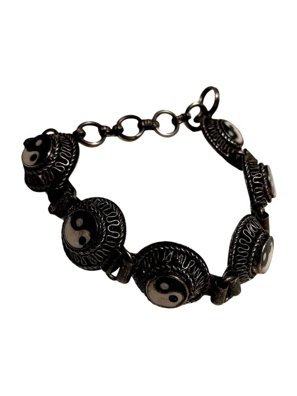 Yin Yang Bracelet Vintage  1990s Metal Link Chain 8" Hippie Groovy